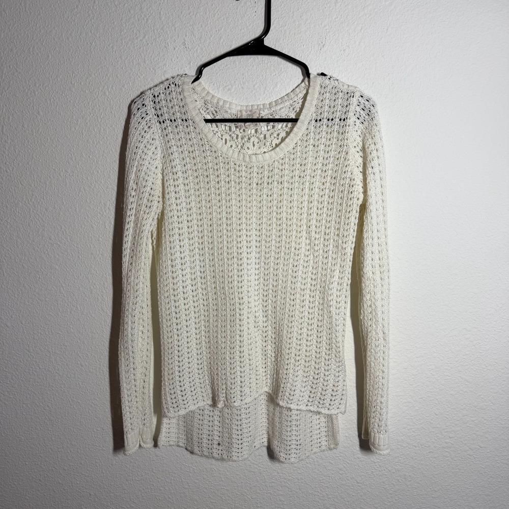 Hippie Sweater Womens White Open Knit Ribbed Crochet Lace Yoke High Low Hem‎